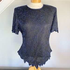 Vintage Laurence Kazar New York Navy Sequin Beaded Embellished Top Size Large